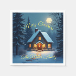 Snowy Christmas Cabin Paper Napkin – Customizable Serviette
