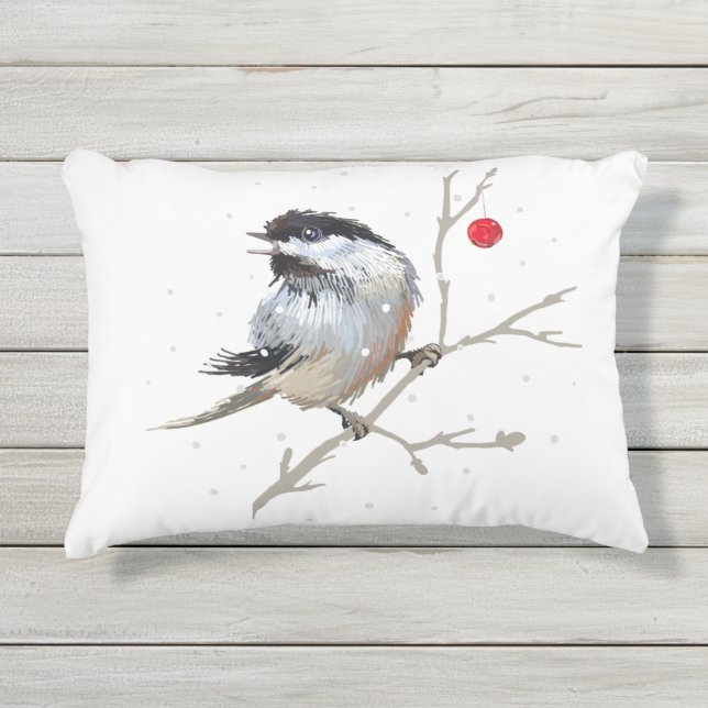 Snowy Christmas Chickadee Kissen Für Draußen (Vorderseite)