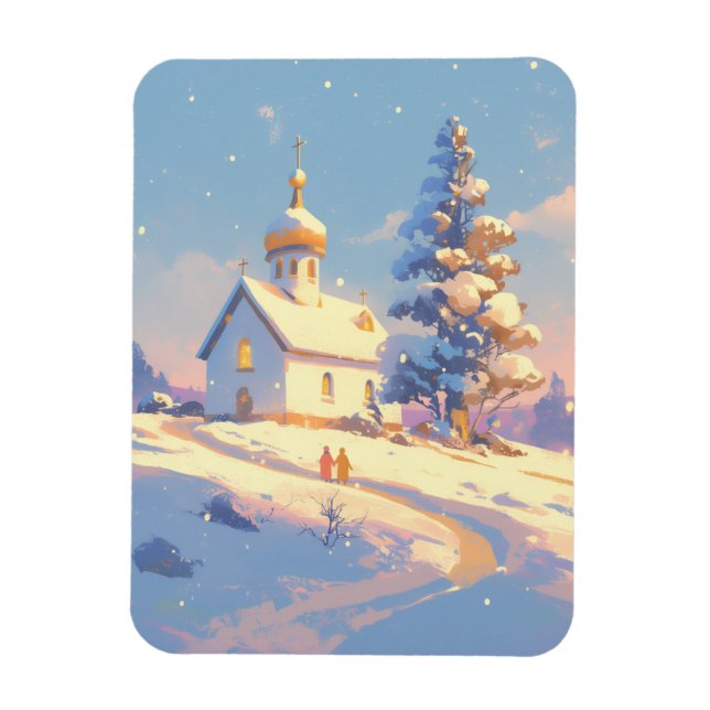 Snowy Christmas Church Scene Magnet (Vertikal)