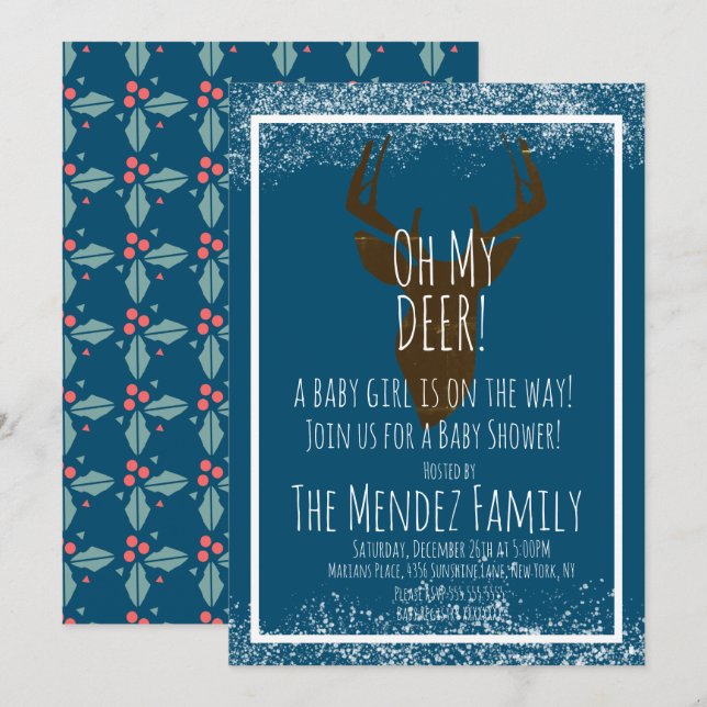 Snowy Christmas Deer Gender Nuetral Baby Dusche Einladung (Vorne/Hinten)