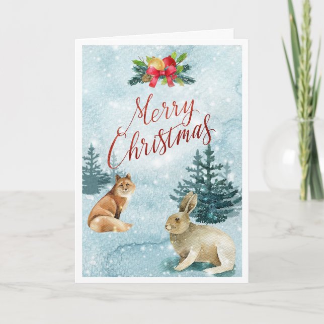 Snowy Christmas Fox und Rabbit Landschaftlich Karte (Vorderseite)
