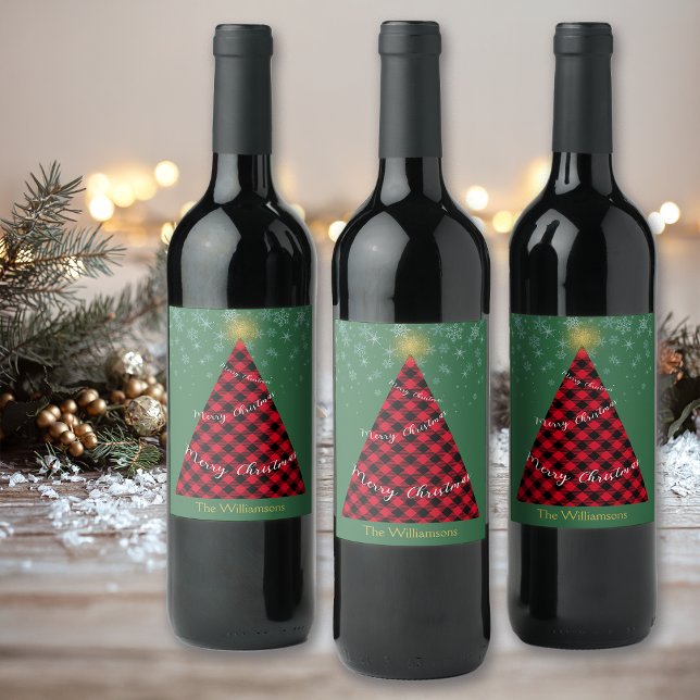 Snowy Christmas Plaid Tree Personalize Weinetikett (Von Creator hochgeladen)