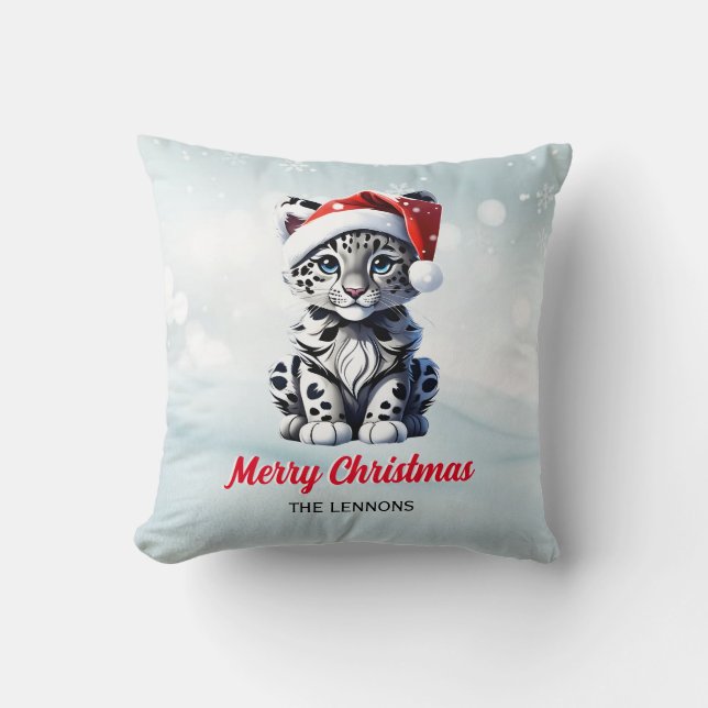 Snowy Christmas Santa Niedlich Snow Leopard Cub Kissen (Vorderseite)