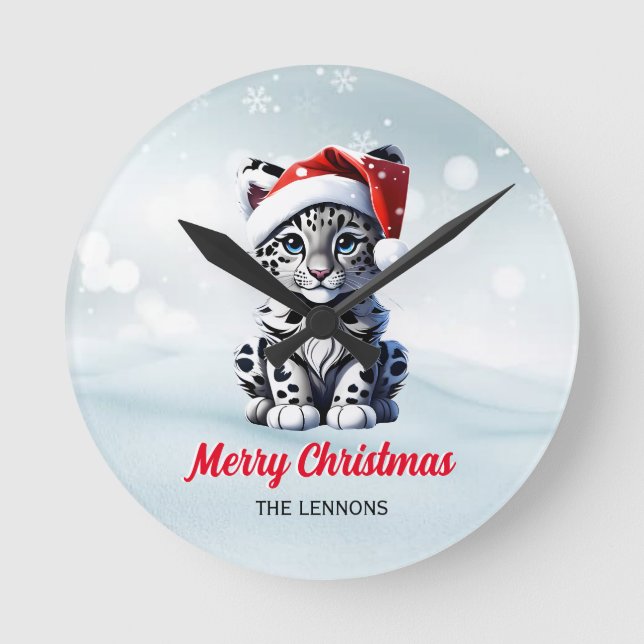 Snowy Christmas Santa Niedlich Snow Leopard Cub Runde Wanduhr (Vorderseite)