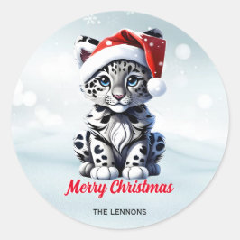 Snowy Christmas Santa Niedlich Snow Leopard Cub Runder Aufkleber