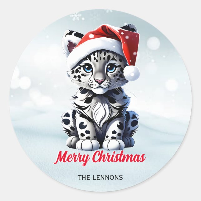 Snowy Christmas Santa Niedlich Snow Leopard Cub Runder Aufkleber (Vorderseite)