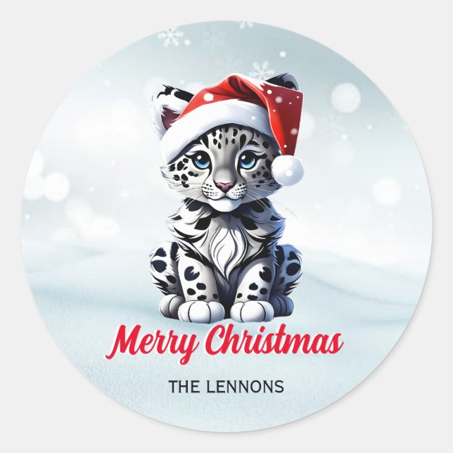 Snowy Christmas Santa Niedlich Snow Leopard Cub Runder Aufkleber (Vorderseite)