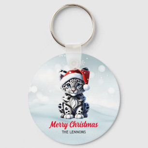 Snowy Christmas Santa Niedlich Snow Leopard Cub Schlüsselanhänger