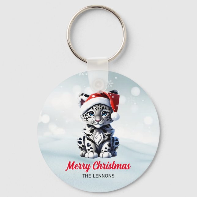 Snowy Christmas Santa Niedlich Snow Leopard Cub Schlüsselanhänger (Vorderseite)