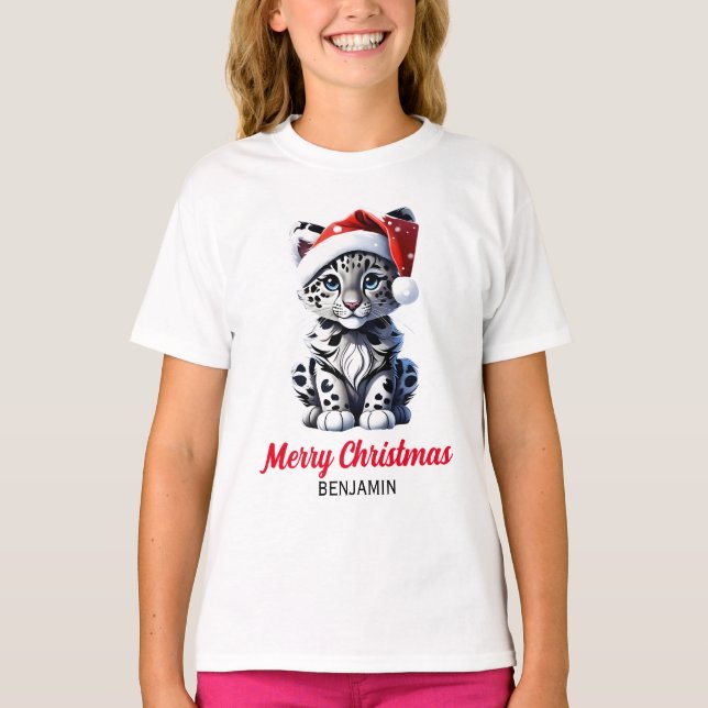 Snowy Christmas Santa Niedlich Snow Leopard Cub T-Shirt (Vorderseite)