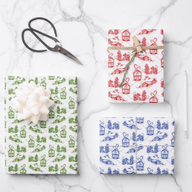 Snowy Christmas Toile | Blau grün und rot Geschenkpapier Set (Vorderseite)