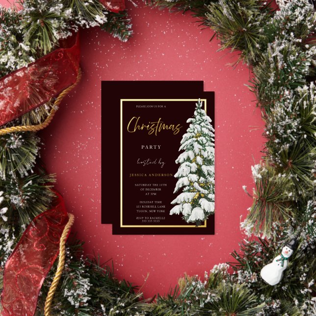 Snowy Christmas Tree Xmas Party Gold Folieneinladung (Insitu)