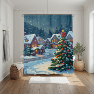 Snowy Christmas Village Holiday Shower Curtain Duschvorhang