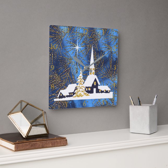 Snowy Church Christmas Clock Quadratische Wanduhr (Büro)