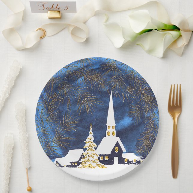 Snowy Church Weihnachtsbuch-Teller Pappteller (Hochzeit)