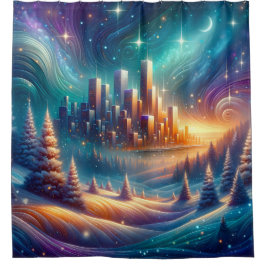 "Snowy Cityscape Under Starry Sky" Duschvorhang