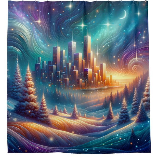 "Snowy Cityscape Under Starry Sky" Duschvorhang (Vorderseite)