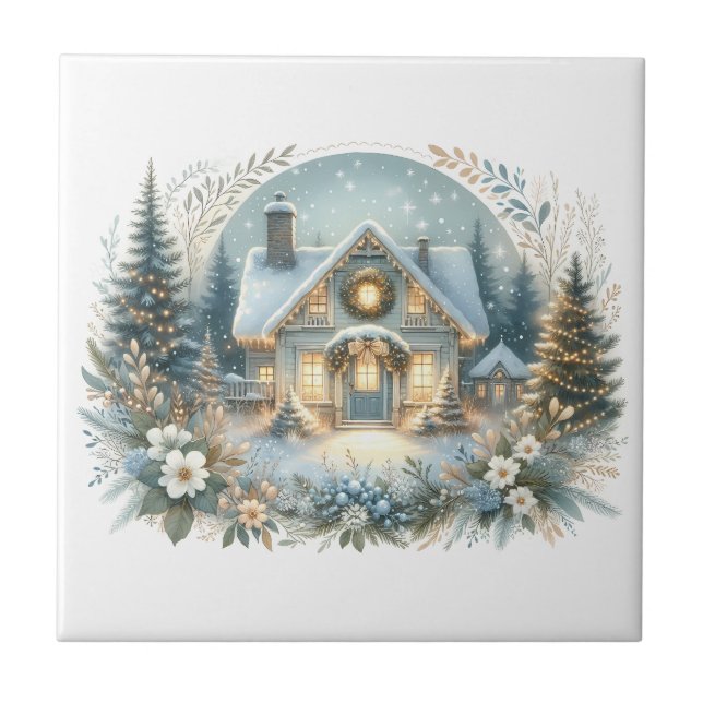 Snowy Cottage Glow Scene Fliese (Vorderseite)