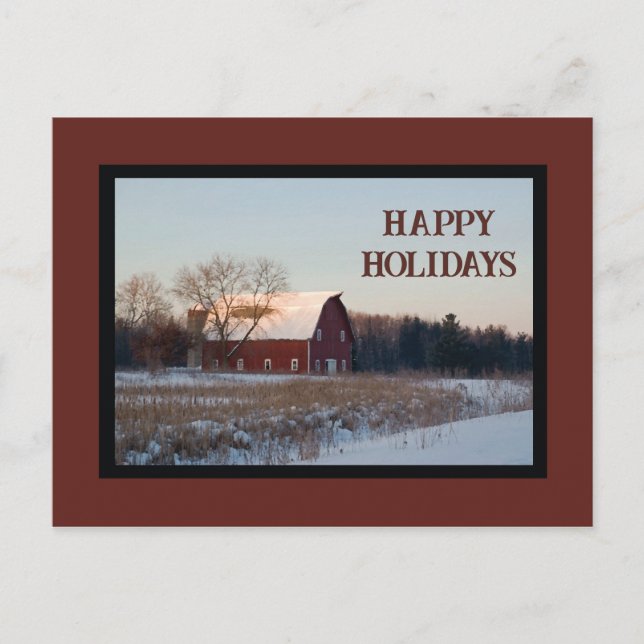 Snowy Country Barn Happy Holidays Feiertagspostkarte (Vorderseite)