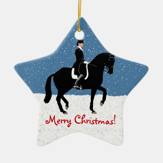 Snowy Dressage Pferd Weihnachten Keramikornament (Vorne)