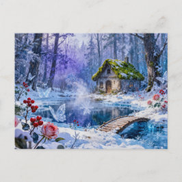Snowy Enchanted Forest Cottage with Bridge and Glo Postkarte