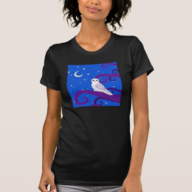 Snowy-Eulen-sichelförmige Mond-Nachtwaldkunst T-Shirt (Vorderseite)