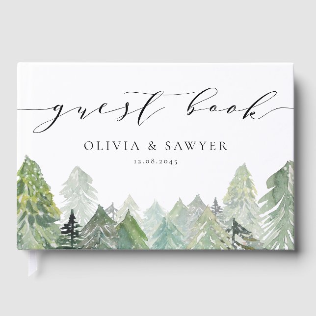 Snowy Evergreen Forest Script Winter Wedding Gästebuch (Vorderseite)