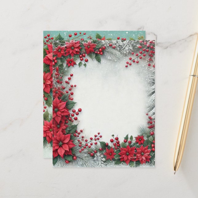 Snowy Evergreen Poinsettia Frame Scrapbook Paper (Vorderseite/Rückseite Beispiel)