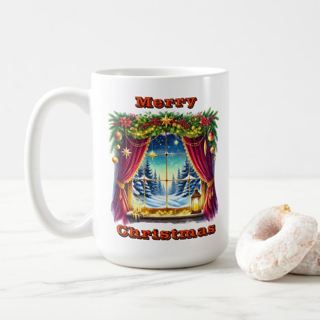 Snowy Festive Window Scene Kaffeetasse (Mit Donut)
