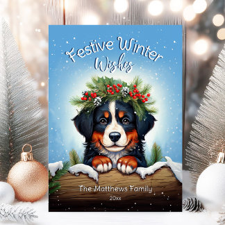 Snowy Festive Winter wünscht Berner Hund Feiertagskarte