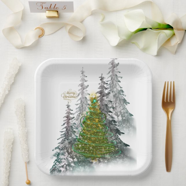  Snowy Forest Christmas Tree paper plates  Pappteller (Hochzeit)