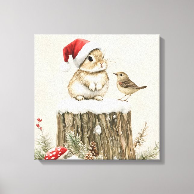 Snowy Forest Winter Woodland Christmas Bunny Bird  Leinwanddruck (Vorderseite)
