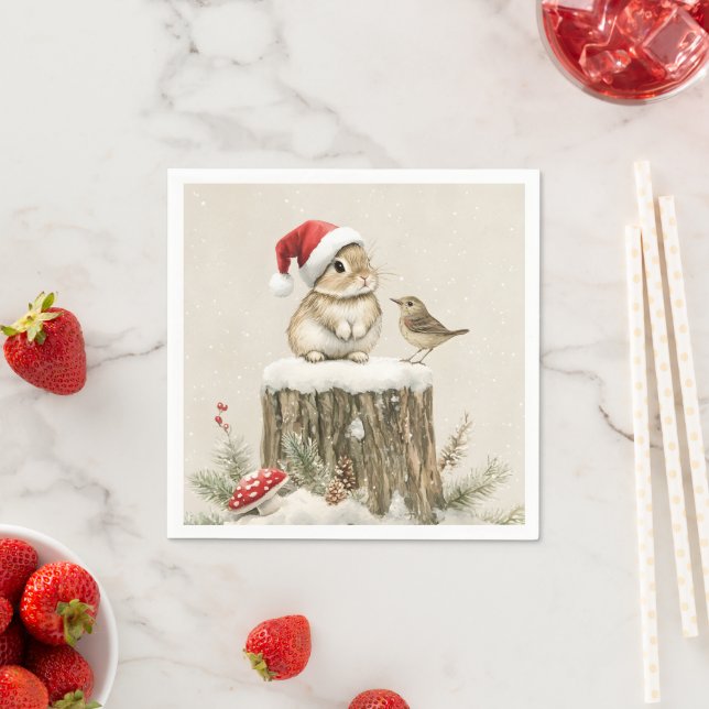 Snowy Forest Winter Woodland Christmas Bunny Bird  Serviette (Beispiel)