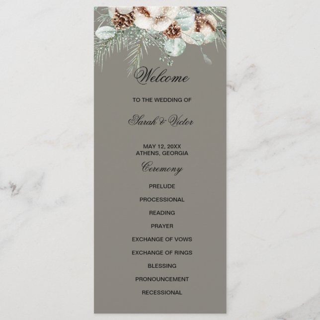 Snowy Greenery floral double side program card  Programm (Vorderseite)