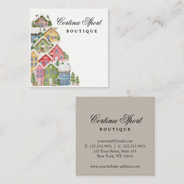 Snowy houses business card quadratische visitenkarte (Vorne/Hinten)