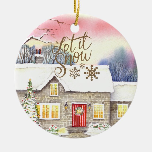Snowy Hütte Aquarellmalerei Keramik Ornament (Vorne)