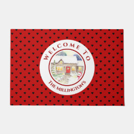 Snowy Hütte Christmas Red Blue Heart Pattern Fußmatte