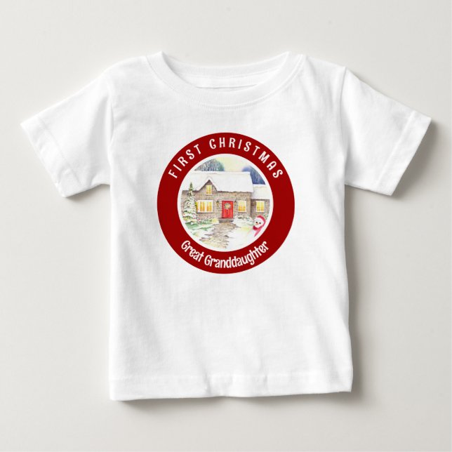 Snowy Hütte First Christmas Red Circle Baby T-shirt (Vorderseite)