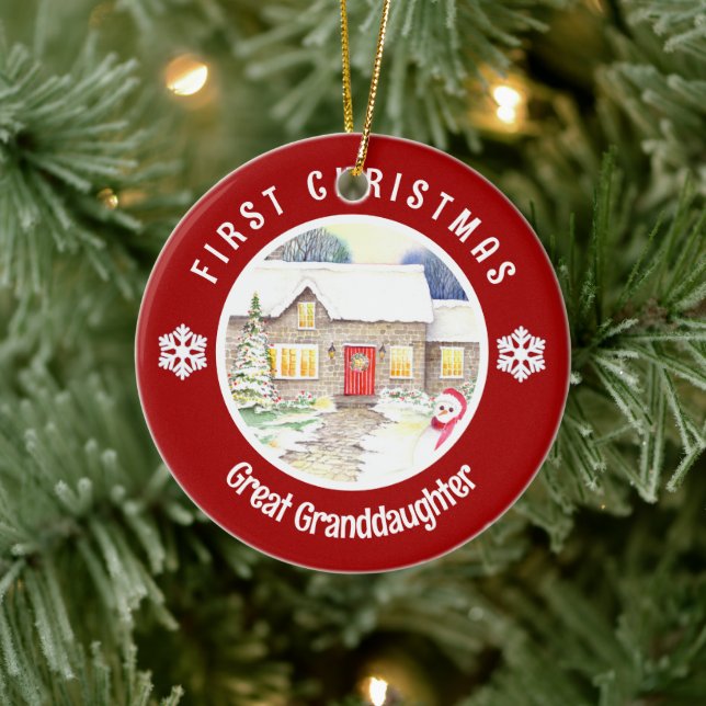 Snowy Hütte First Christmas Red Circle Keramik Ornament (Baum)