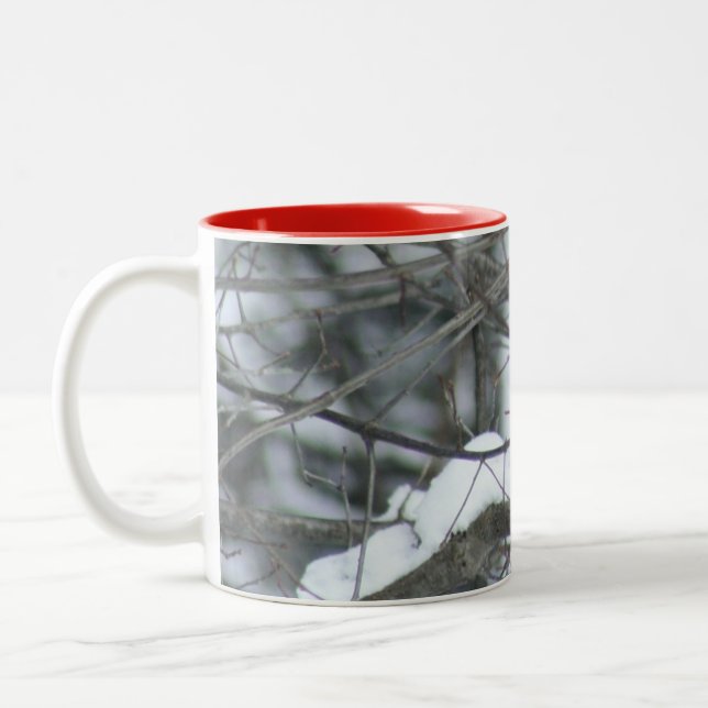 Snowy Kardinal Perching Zweifarbige Tasse (Links)