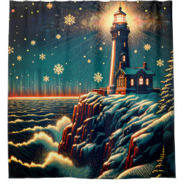 "Snowy Lighthouse on Cliff" Duschvorhang