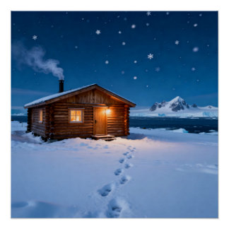 Snowy Log Cabin Poster
