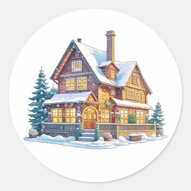 Snowy Log Cabin Weihnachten Runder Aufkleber (Vorderseite)