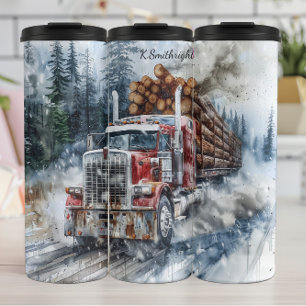 Snowy Log Truck Winter Haul Thermosbecher