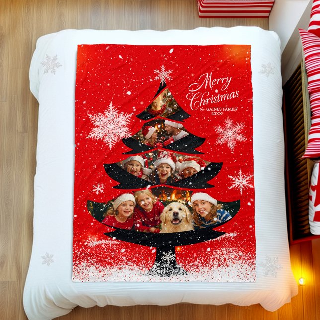 Snowy Merry Christmas Family Photo Tree Fleecedecke (Von Creator hochgeladen)