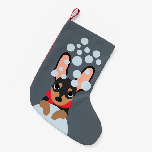 Snowy Miniaturpinscher-WeihnachtsStrumpf Kleiner Weihnachtsstrumpf (Vorderansicht (hängend))