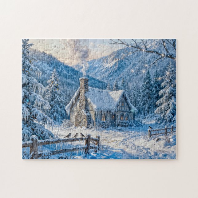 Snowy Mountain Cottage with Smoke and Pines Painti (Horizontal)
