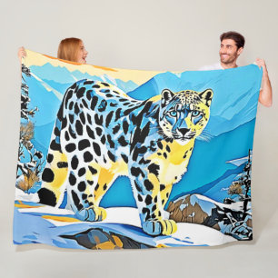 Snowy Mountain Leopard Stance Design Fleecedecke