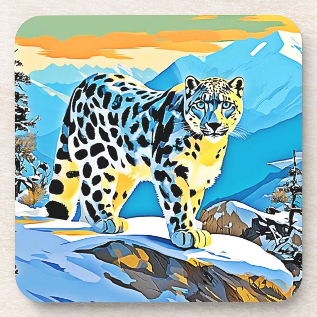 Snowy Mountain Leopard Stance Design Getränkeuntersetzer (Vorderseite)