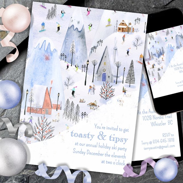Snowy Mountain Ski Village Holiday Party Einladung (Von Creator hochgeladen)